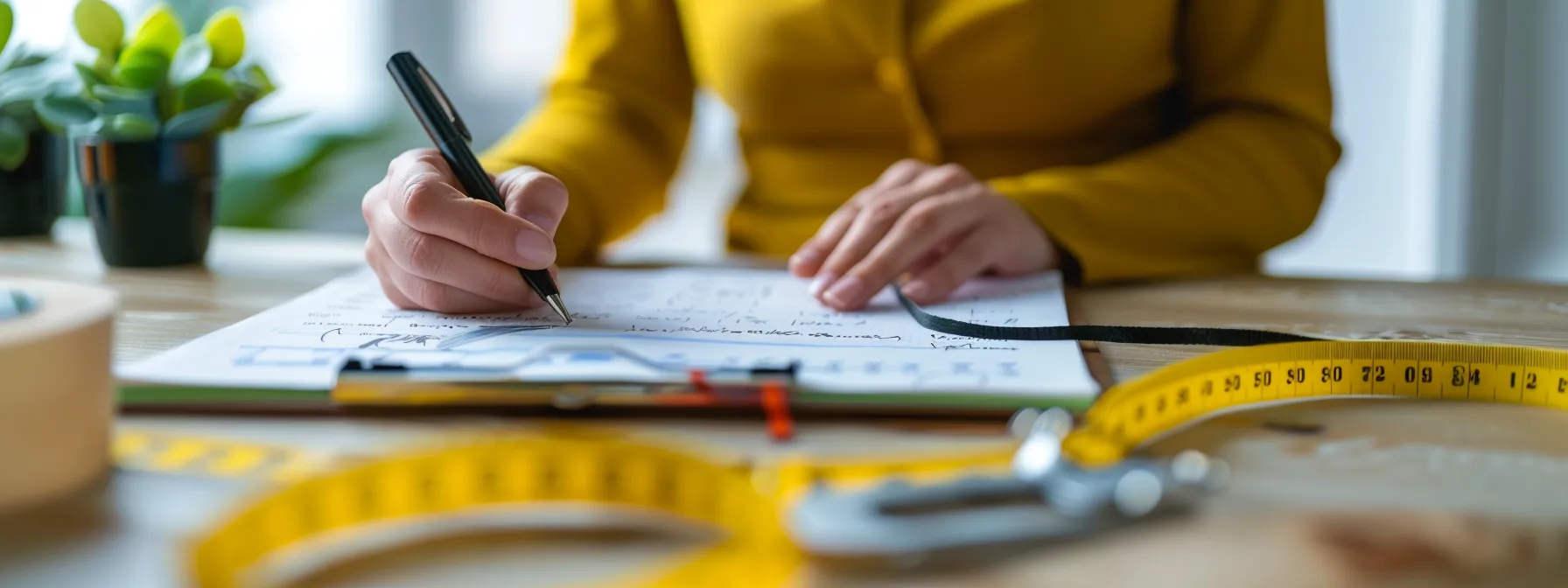 a person sitting at a desk with a notebook and pen, writing down their weight loss objectives and criteria for an online companion. a person sitting at a desk with a notebook and pen, writing down their weight loss objectives and criteria for an online companion.