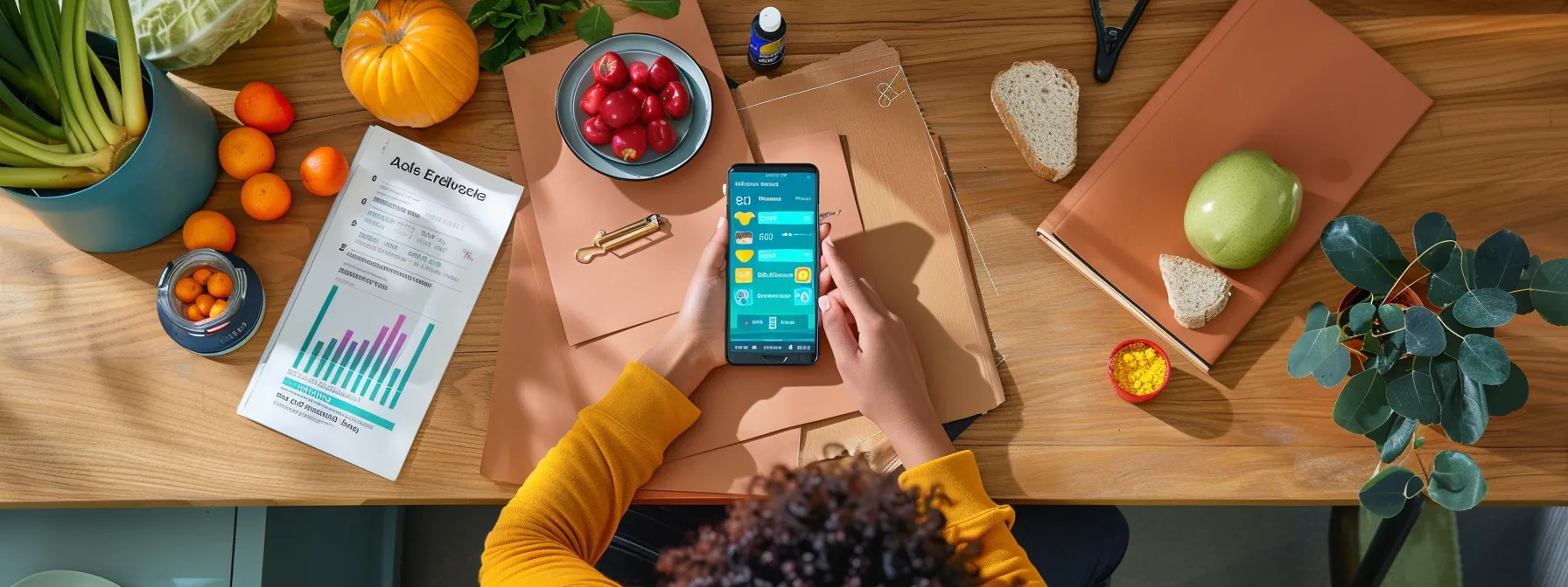 Person using a calorie tracking app on smartphone at a desk with healthy food items, including vegetables, fruits, and a nutrition chart, emphasizing diet management and weight loss strategies.