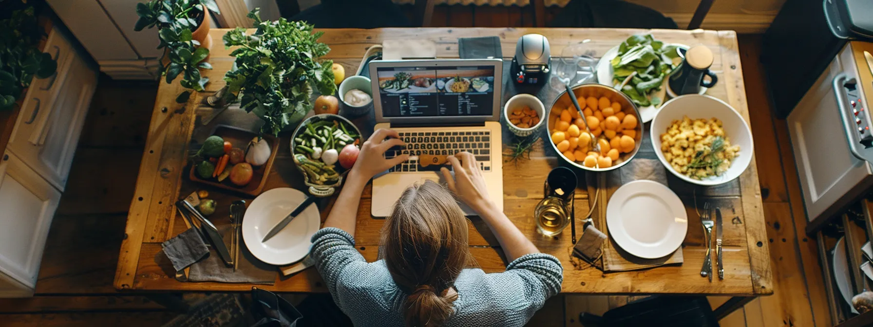 a person sitting at a kitchen table surrounded by a laptop and smartphone, engrossed in using nutrition apps and online forums to plan healthy meals. Person typing on a laptop at a kitchen table filled with fresh ingredients, including cucumbers, greens, and fruits, illustrating meal planning for a balanced diet and weight loss.