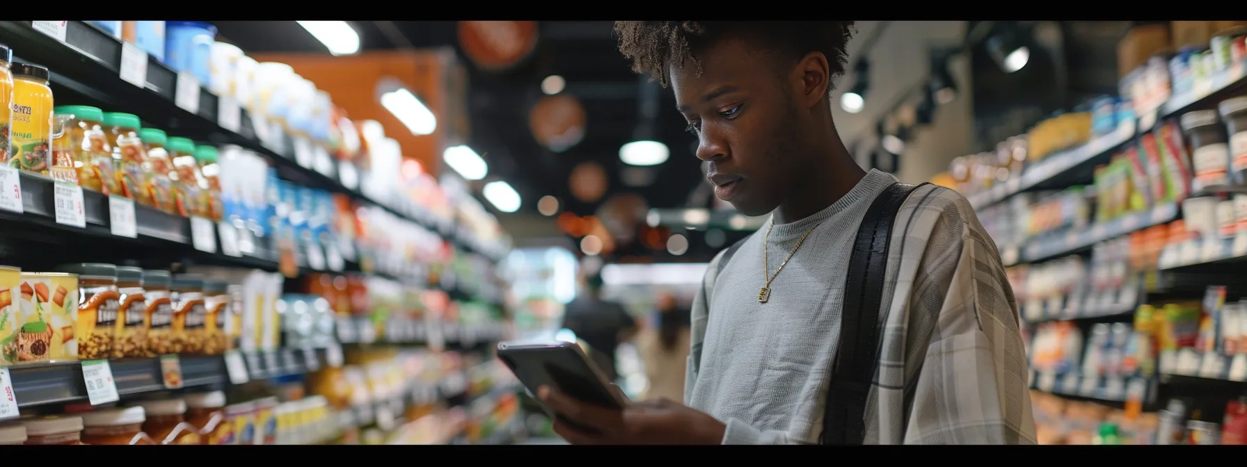 Person holding a smartphone while standing in a grocery aisle, surrounded by various food products, reflecting a mindful approach to dietary choices relevant to the Whole30 diet.