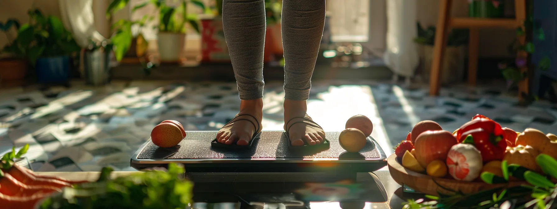 Person standing on a scale in a bright room surrounded by fresh fruits and vegetables, symbolizing a healthy weight loss journey and lifestyle changes.