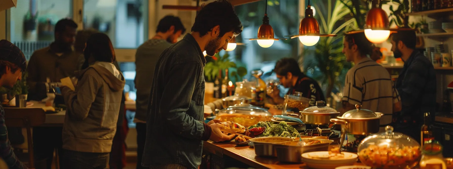 Person selecting food from a buffet table in a cozy dining environment, illustrating social eating and mindful food choices related to the Whole30 diet.