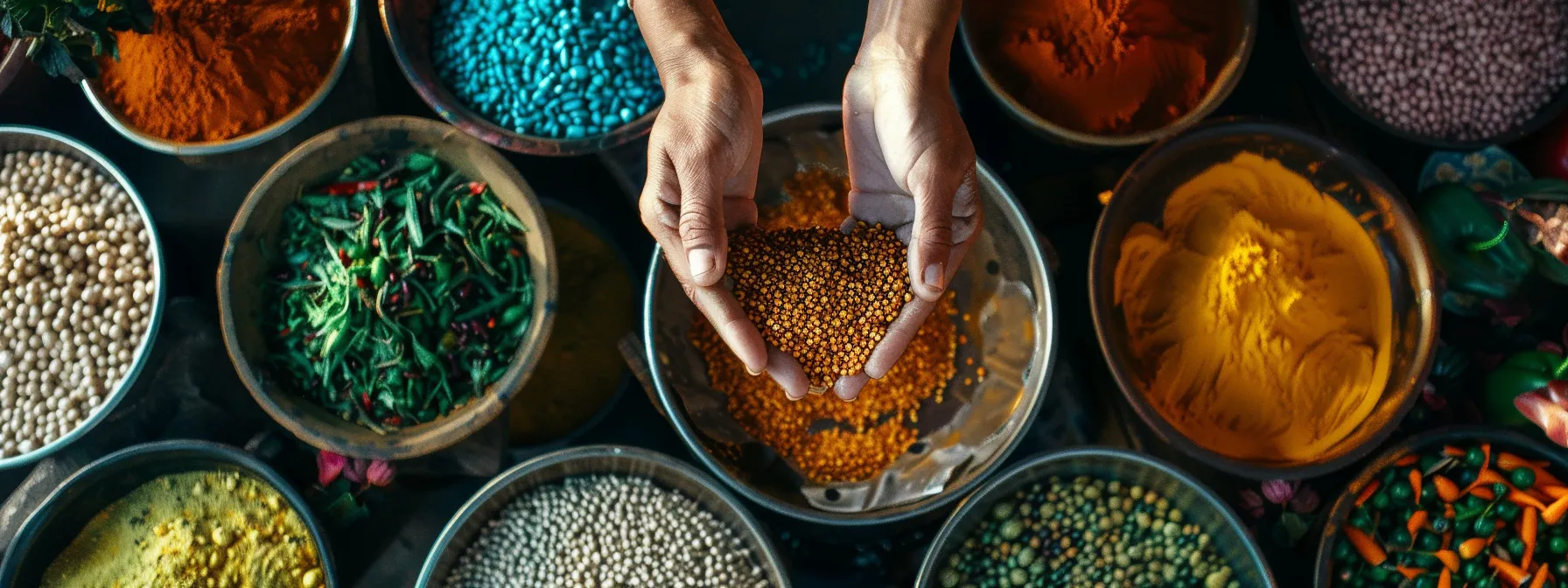 Hands holding mustard seeds above a variety of colorful spices in bowls, emphasizing healthy ingredient choices for personalized nutritional goals and weight loss.