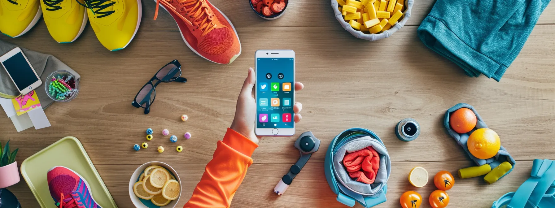 a person surrounded by various fitness apps on their smartphone, with workout gear and healthy snacks laid out on a table, illustrating a focused and organized approach to their personalized weight loss plan.