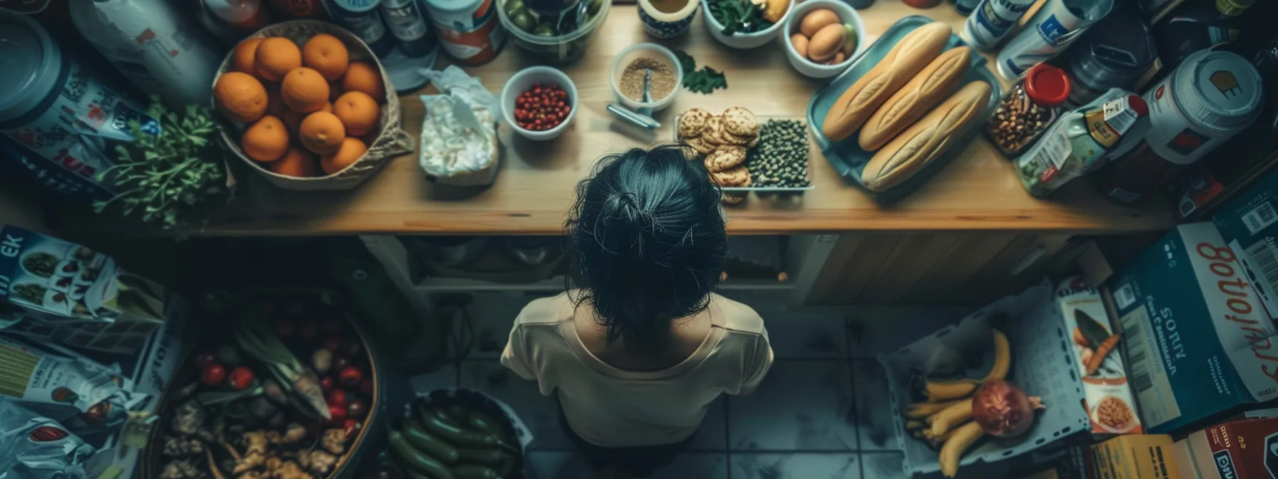 Person standing in a kitchen surrounded by various healthy foods, including fruits, vegetables, grains, and nuts, reflecting a focus on nutritious eating for weight loss and health improvement.