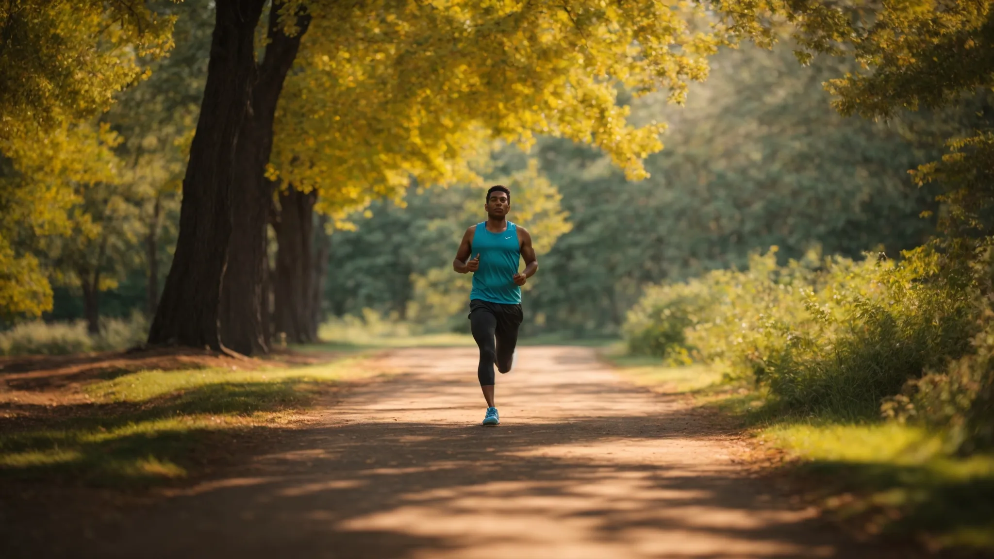 a person sweating and panting, mid-jog in a beautiful park setting, surrounded by trees and a clear blue sky. Person jogging on a dirt path surrounded by trees, demonstrating cardio exercise for weight loss and fitness.