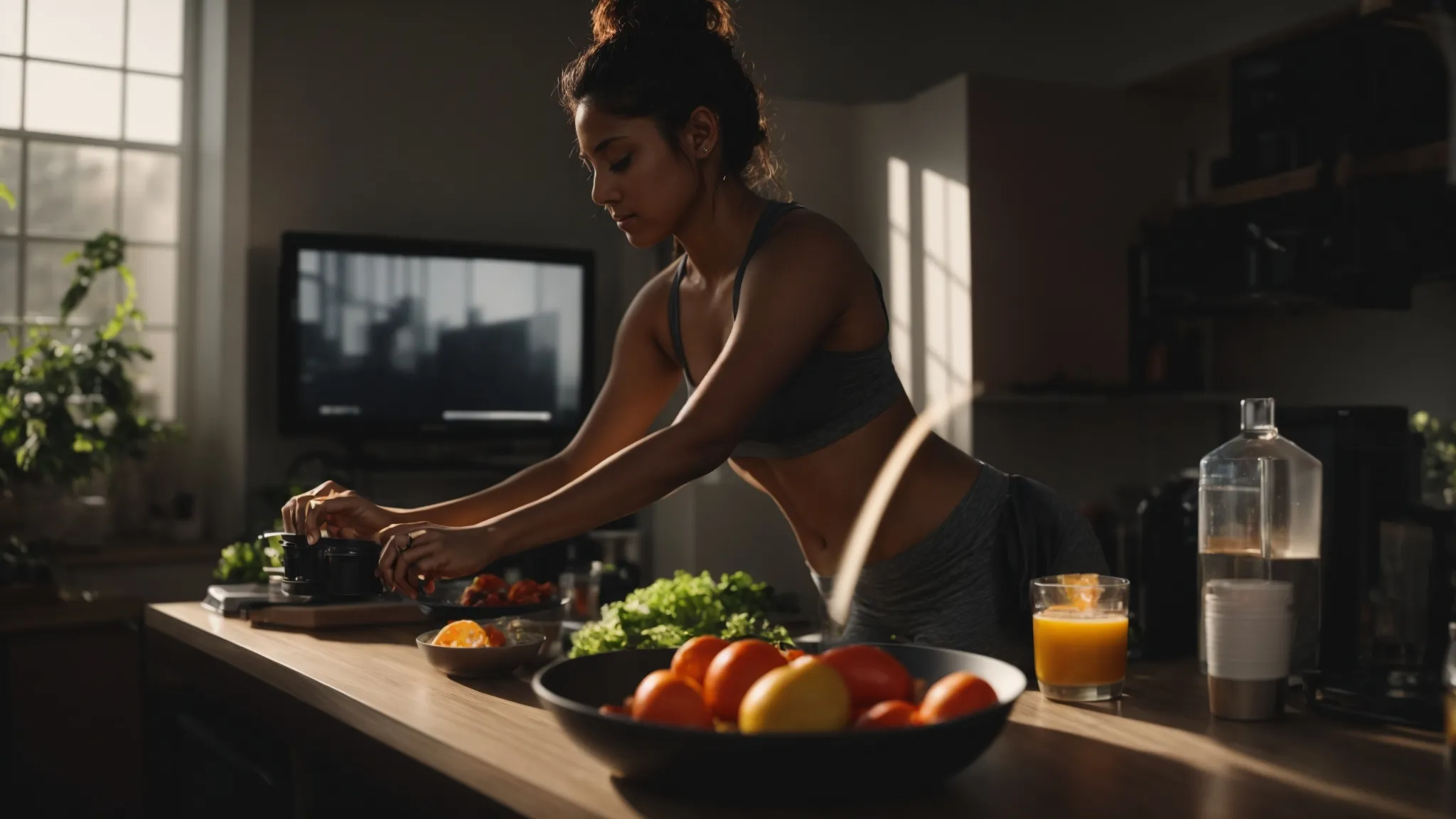 a person sweating intensely, pushing through a challenging online cardio workout at home, surrounded by fitness trackers and healthy meal prep items. Woman preparing healthy meals with fresh vegetables and fruits in a kitchen, emphasizing nutrition for weight loss and fitness.