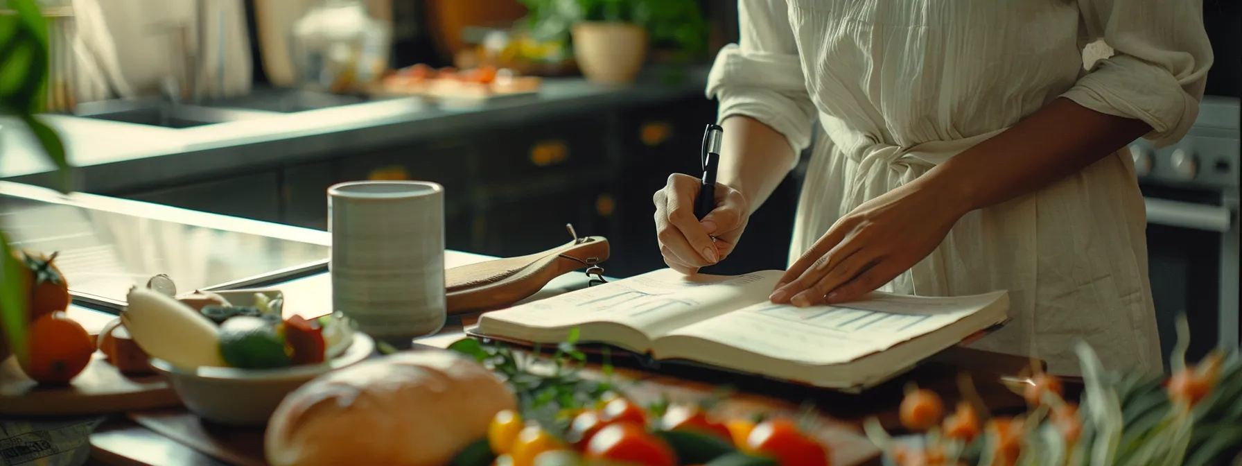 Person writing in a notebook surrounded by fresh fruits and vegetables, emphasizing healthy eating and meal planning for intermittent fasting.