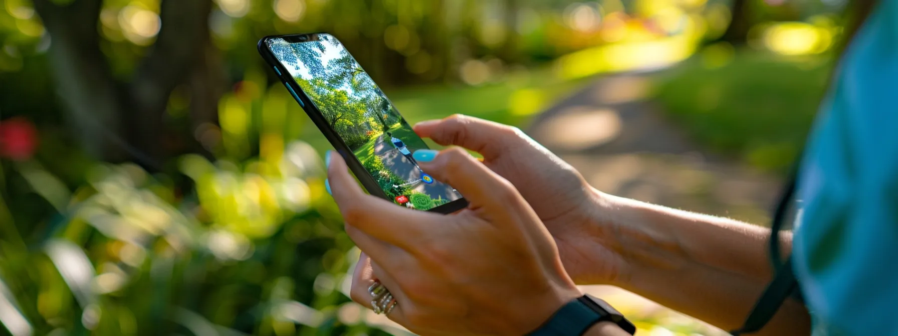 a person using a free fitness app on their smartphone while exercising outdoors in a vibrant park setting.