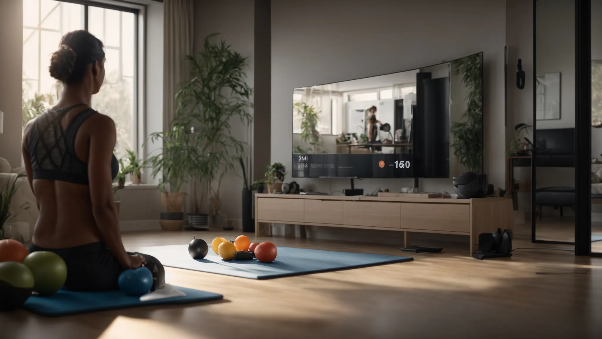 a person working out at home with a virtual fitness coach, surrounded by personalized workout equipment and healthy food options, embodying dedication and progress in their weight loss journey. Person practicing at-home fitness with weights and a television displaying a workout program, emphasizing personalized online fitness coaching for effective weight loss.