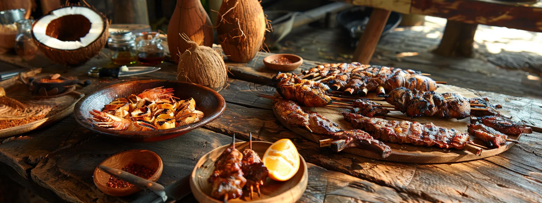 Rustic wooden table displaying a variety of grilled meats, including skewers and ribs, alongside fresh seafood and coconut, emphasizing Paleo diet principles for weight loss and healthy eating.