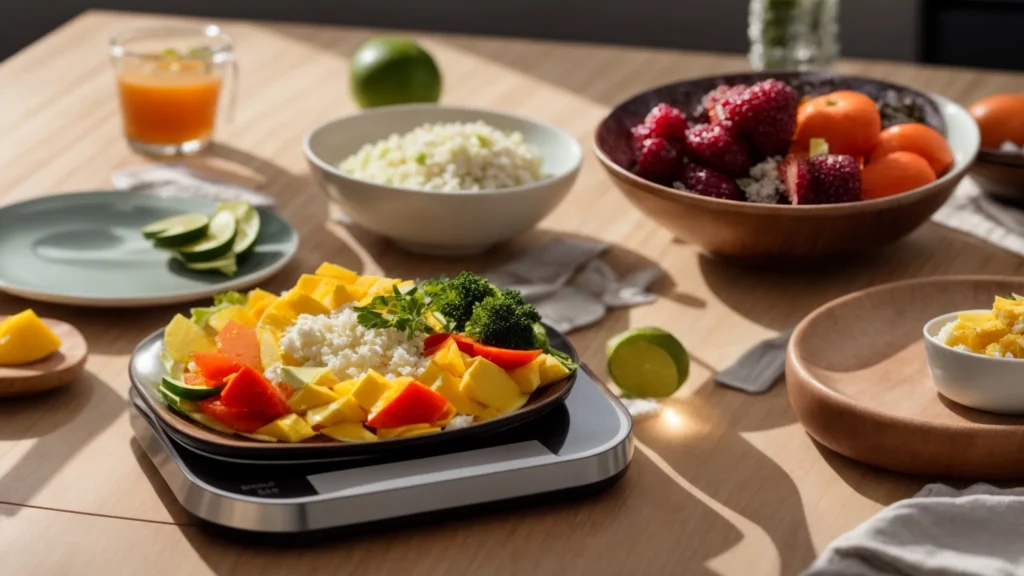 Colorful plate of fresh vegetables including broccoli, bell peppers, and mango, with bowls of rice and mixed fruits, alongside a glass of orange juice, representing healthy meal preparation for weight loss.