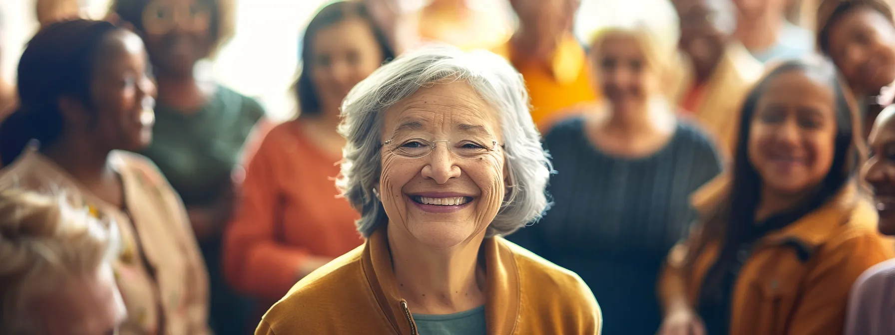 a smiling person surrounded by a diverse group of supportive individuals offering assistance and resources for uninsured ozempic users.