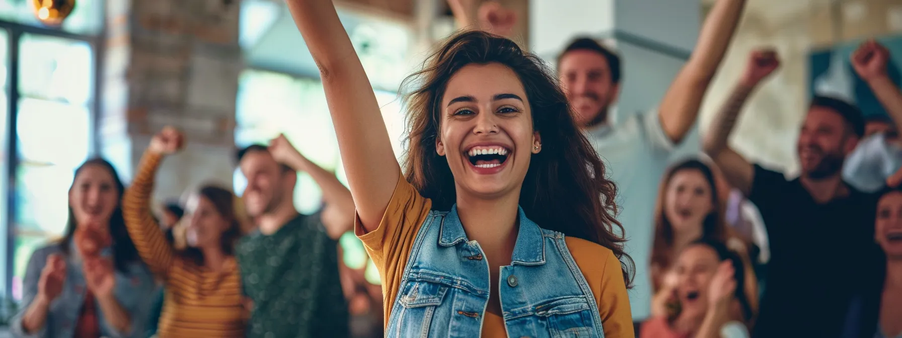Smiling woman celebrating in a crowd, embodying joy and motivation in a weight loss success context.
