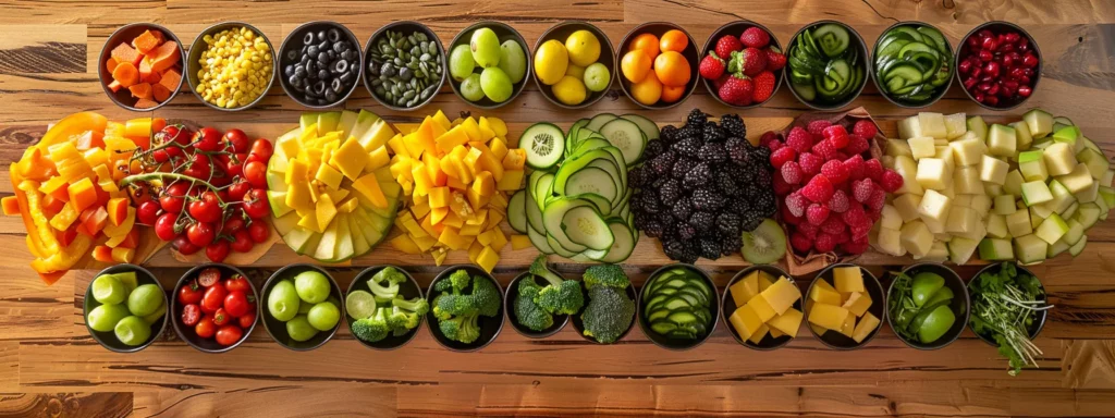 a vibrant array of colorful fruits and vegetables neatly arranged on a wooden table, showcasing the fresh and nutritious options of the whole30 diet plan.