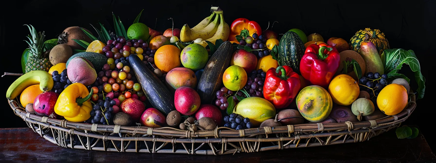Vibrant assortment of whole, unprocessed fruits and vegetables in a woven basket, featuring bananas, apples, peppers, grapes, and more, emphasizing plant-based nutrition for health and weight loss.