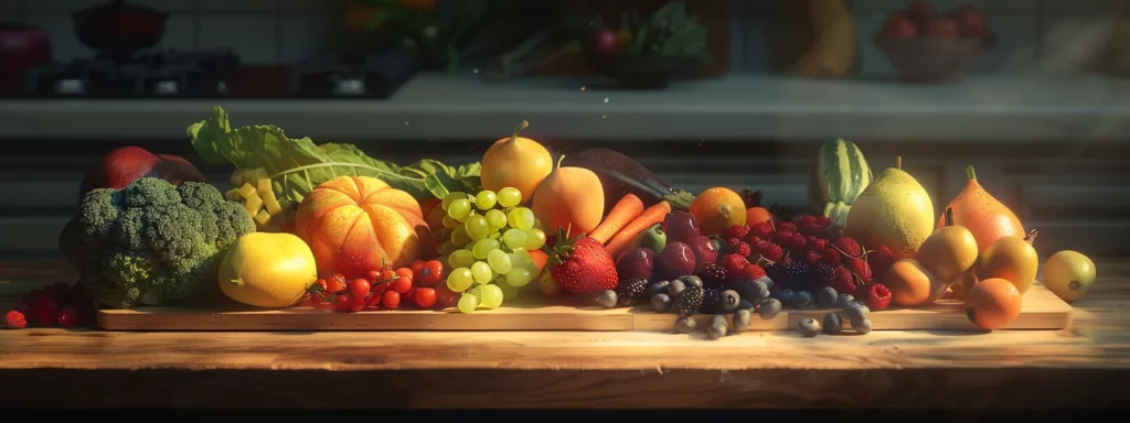 Vibrant assortment of colorful fruits and vegetables, including grapes, strawberries, broccoli, and carrots, displayed on a wooden table, emphasizing healthy eating for weight loss and wellness.