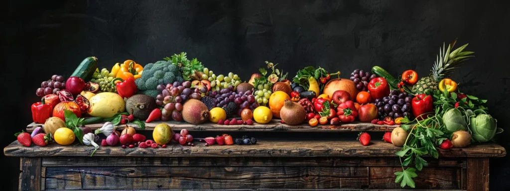 Vibrant assortment of fresh fruits and vegetables on a rustic wooden table, highlighting healthy eating choices for weight loss and wellness.