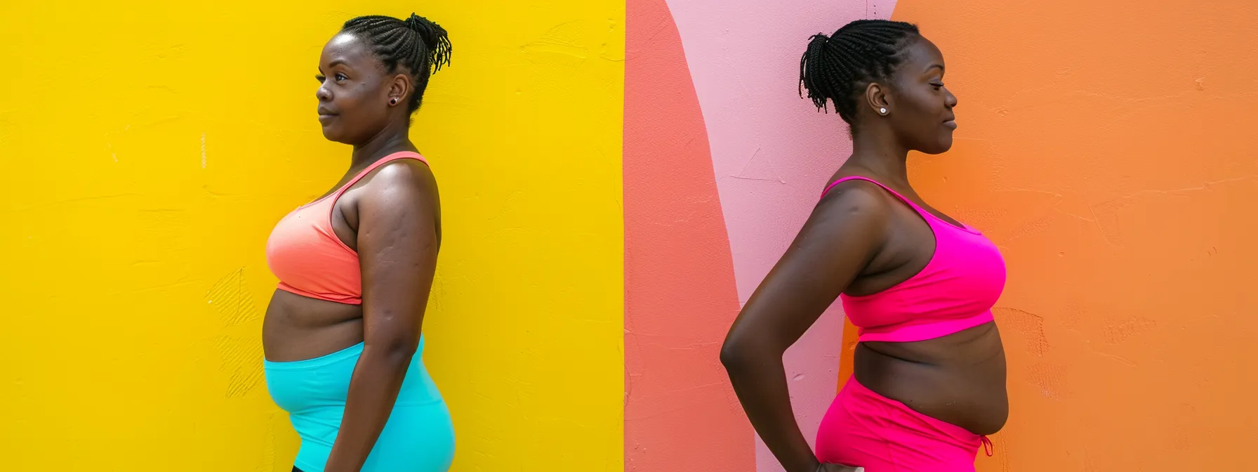 Woman showcasing weight loss transformation, wearing colorful athletic wear, standing against vibrant yellow and pink backgrounds, symbolizing empowerment and healthy lifestyle changes.