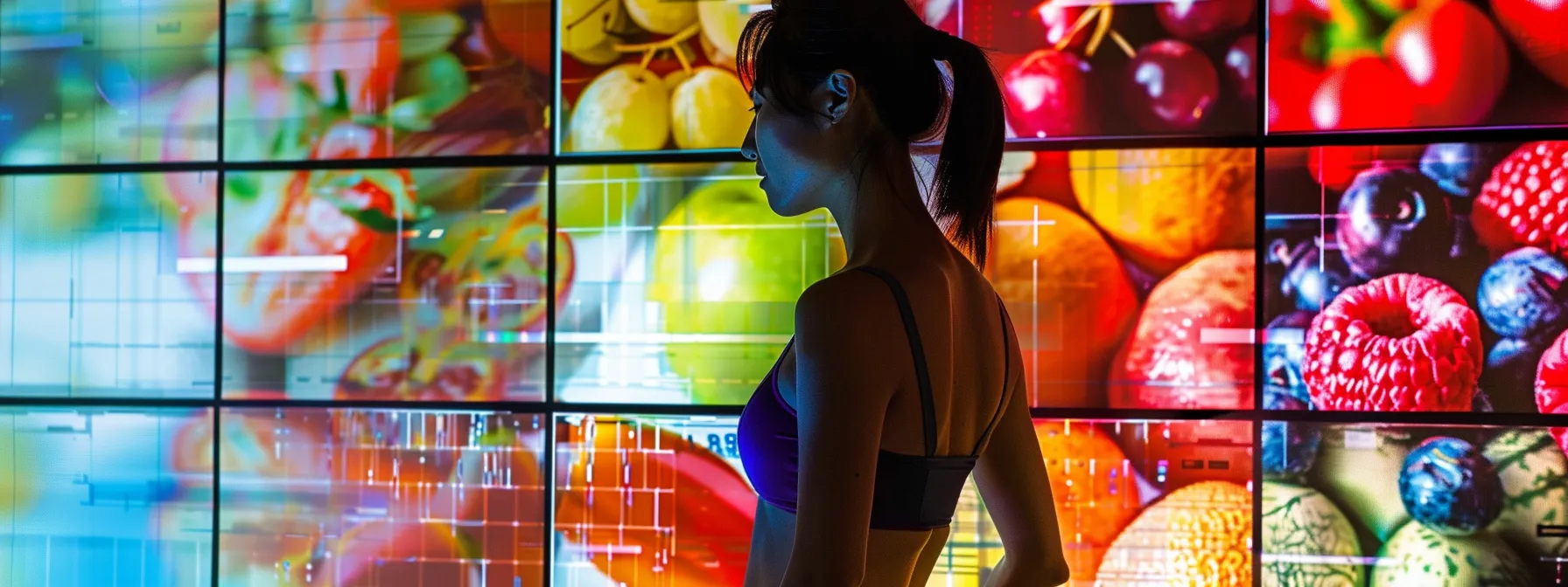 a vibrant collage of inspiring weight loss transformation photos displayed on a computer screen, showcasing incredible progress and motivating change. Woman in sportswear standing in front of a colorful display of fruits, symbolizing healthy eating and weight loss transformation inspiration.