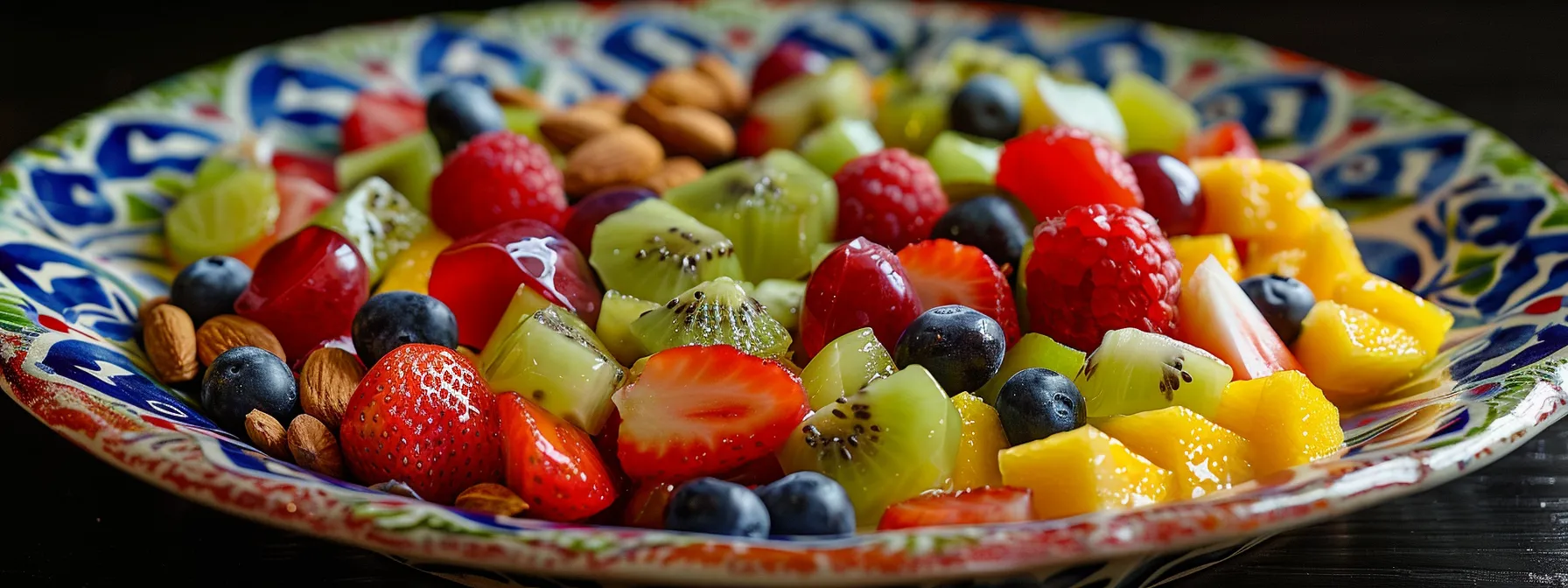 a vibrant, colorful plate filled with fresh fruits, vegetables, nuts, and a drizzle of olive oil, symbolizing the key components of the mediterranean diet.