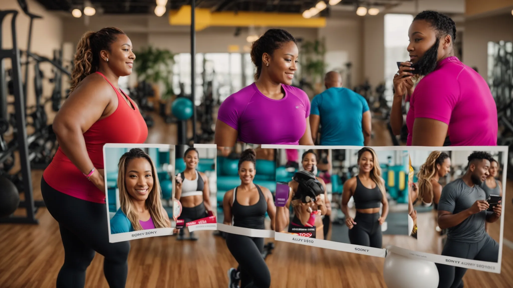 Women in athletic wear engaging in conversation at a gym, showcasing camaraderie and motivation, with a collage of smiling faces in workout attire highlighting community support in fitness journeys.