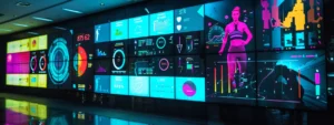 a vibrant digital screen displaying various workout routines with colorful graphics and progress trackers.
