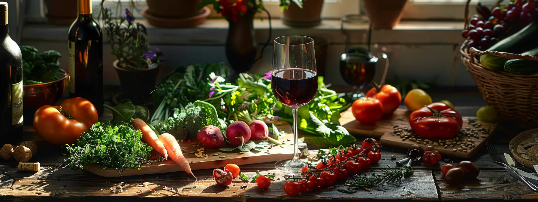 a vibrant mediterranean meal spread out on a rustic wooden table, showcasing colorful vegetables, fresh herbs, and nutritious seeds, with a glass of red wine in the background.