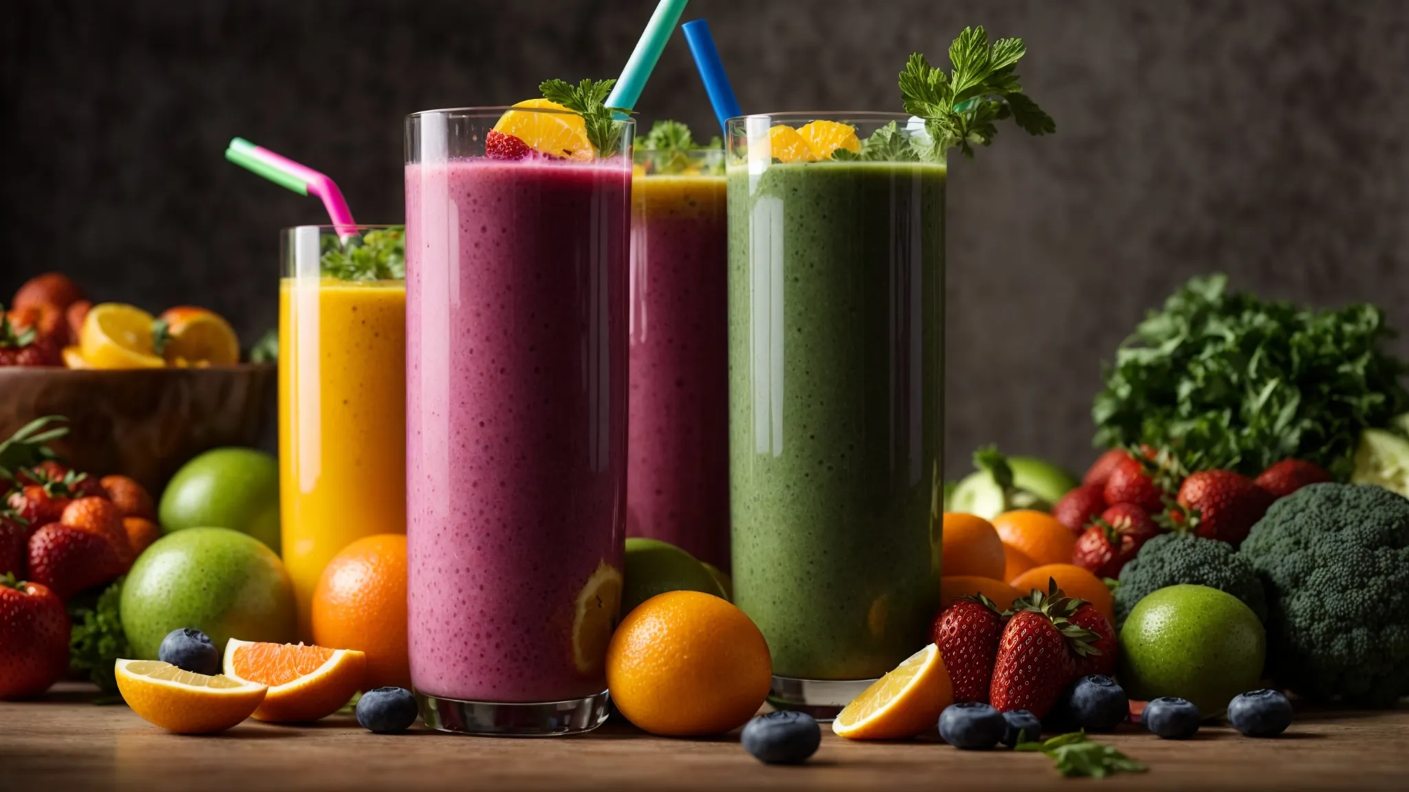 a vibrant smoothie bursting with colorful fruits and vegetables, surrounded by a collection of foam rollers and stretching bands, symbolizing the importance of nutrition and recovery in full body toning success.