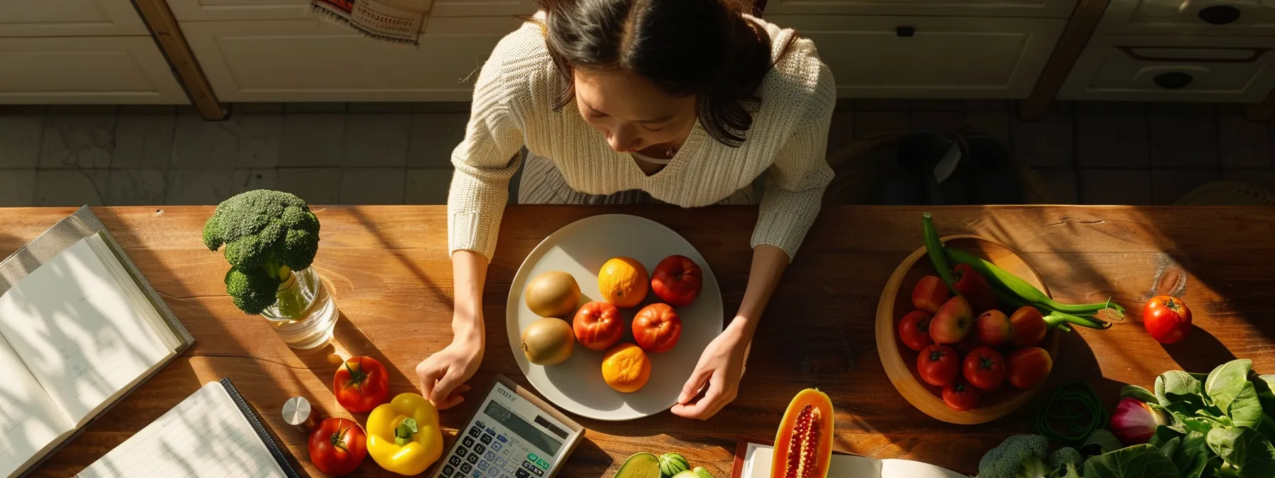 Woman weighing fresh fruits and vegetables, including tomatoes and peppers, on a wooden table with a calculator and a notepad, emphasizing healthy eating and meal planning in the context of the Whole30 diet.
