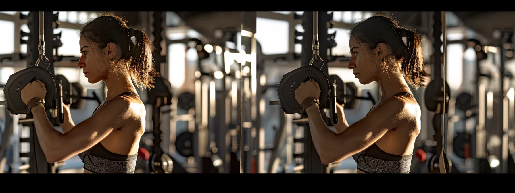 a woman confidently lifting weights in a well-equipped gym, surrounded by exercise equipment, showcasing determination and strength.