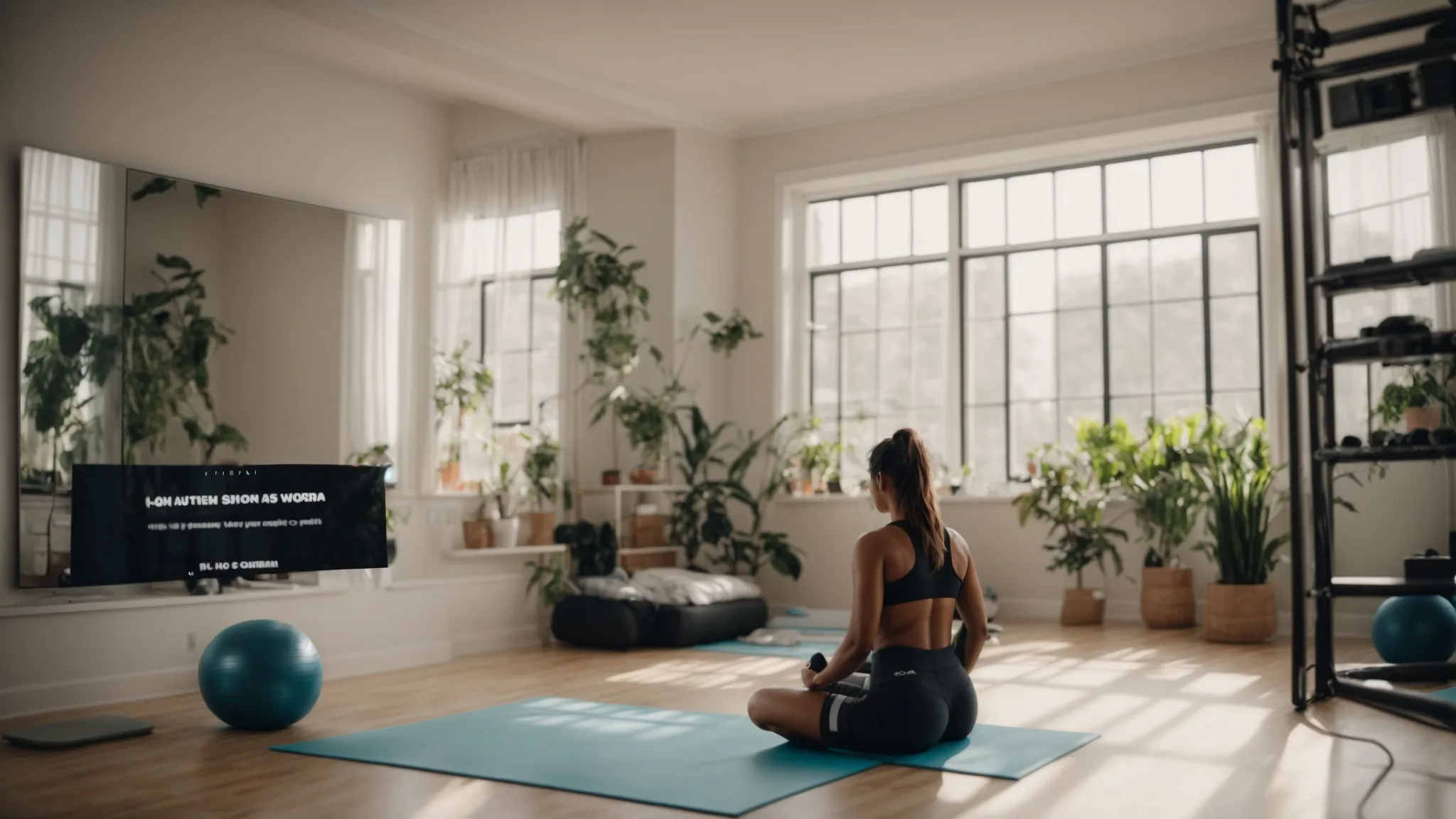 a woman confidently starting an online workout session with her fitness coach, surrounded by motivational posters and equipment in a bright, airy home gym. Woman sitting on yoga mat in a bright, plant-filled room, preparing for online fitness coaching session, promoting weight loss and personal health goals.