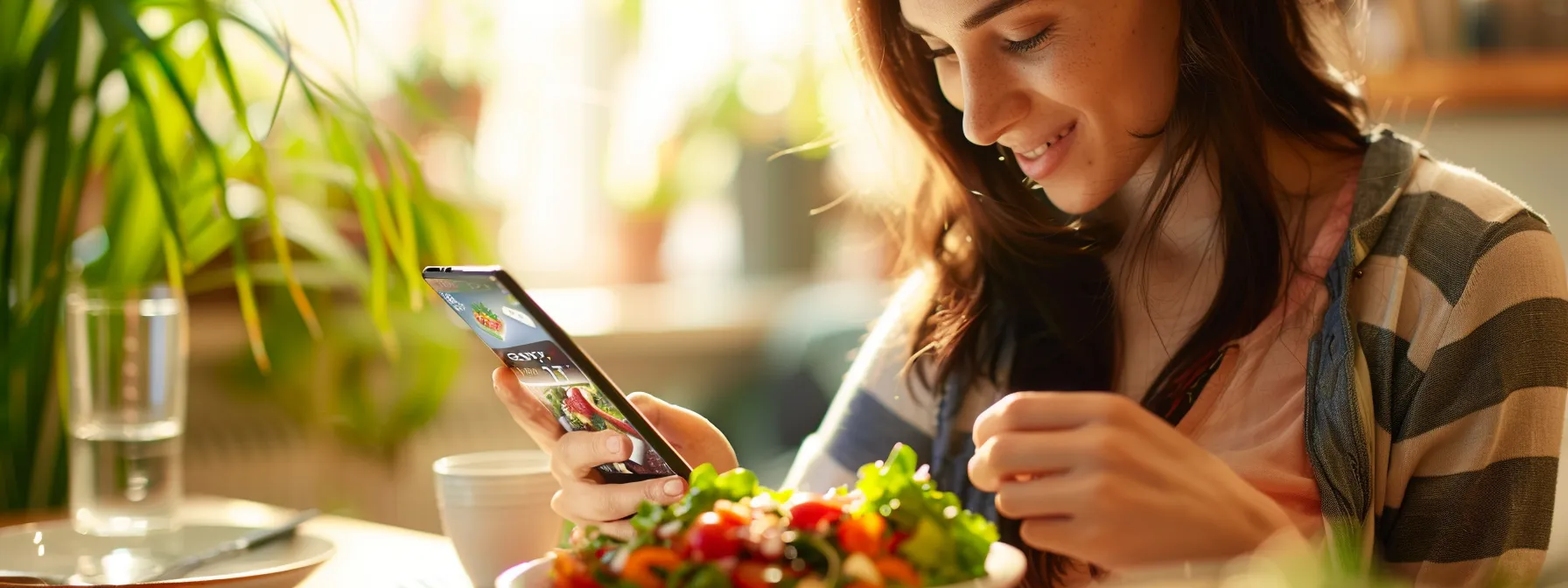 Woman using a calorie tracking app on smartphone while enjoying a fresh salad, emphasizing diet management and weight loss strategies.