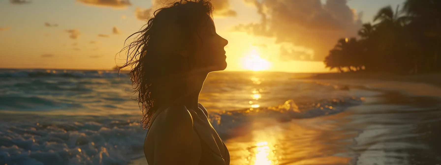 a woman gracefully holding a yoga pose on a serene beach at sunrise, showcasing her toned physique and inner peace.