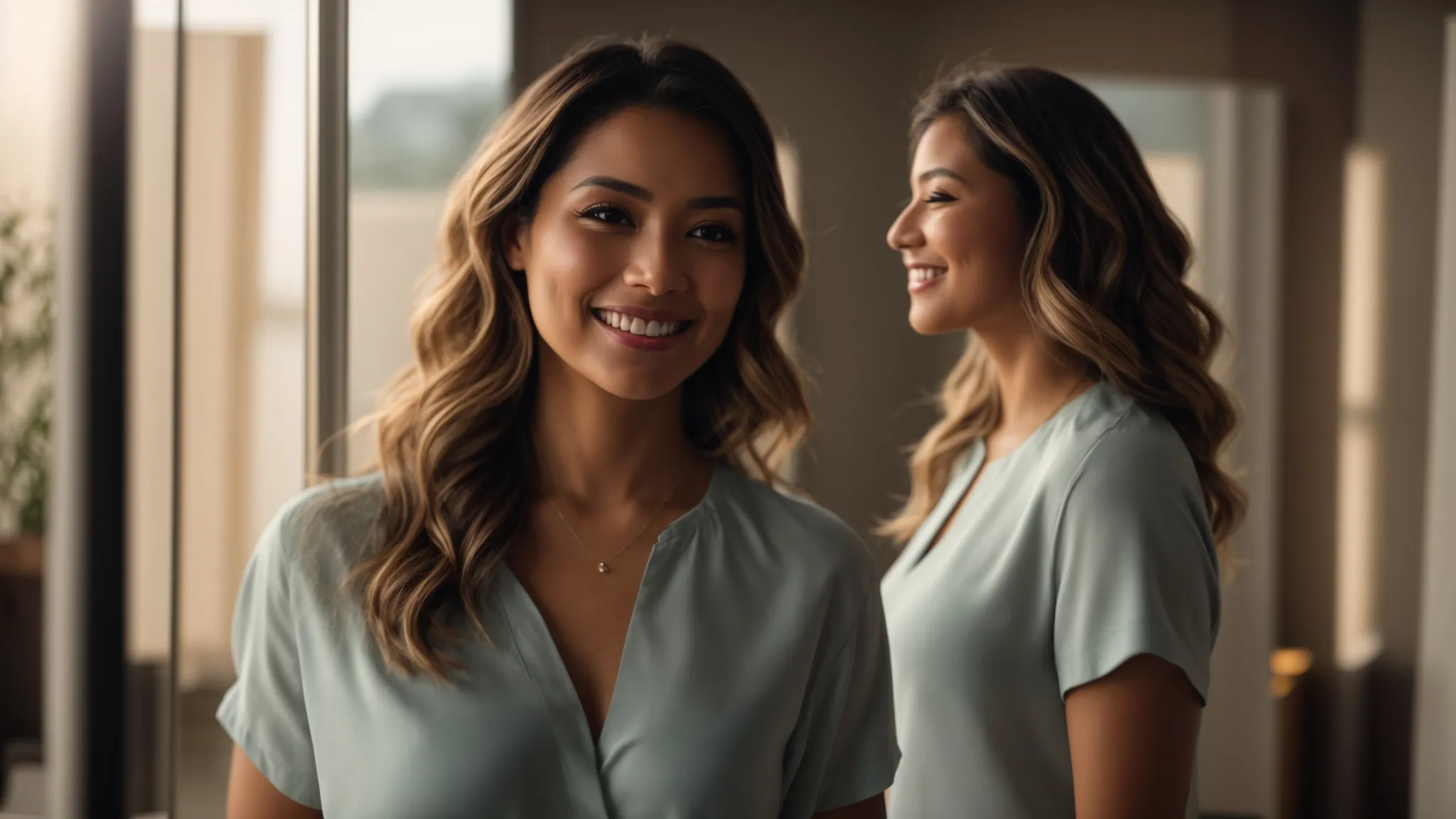 a woman smiling with confidence as she looks at her reflection in the mirror, showcasing her remarkable weight loss transformation through personalized online coaching. Woman smiling confidently in a light blouse, reflecting positive transformation and motivation in a fitness journey, symbolizing success in personalized online coaching.
