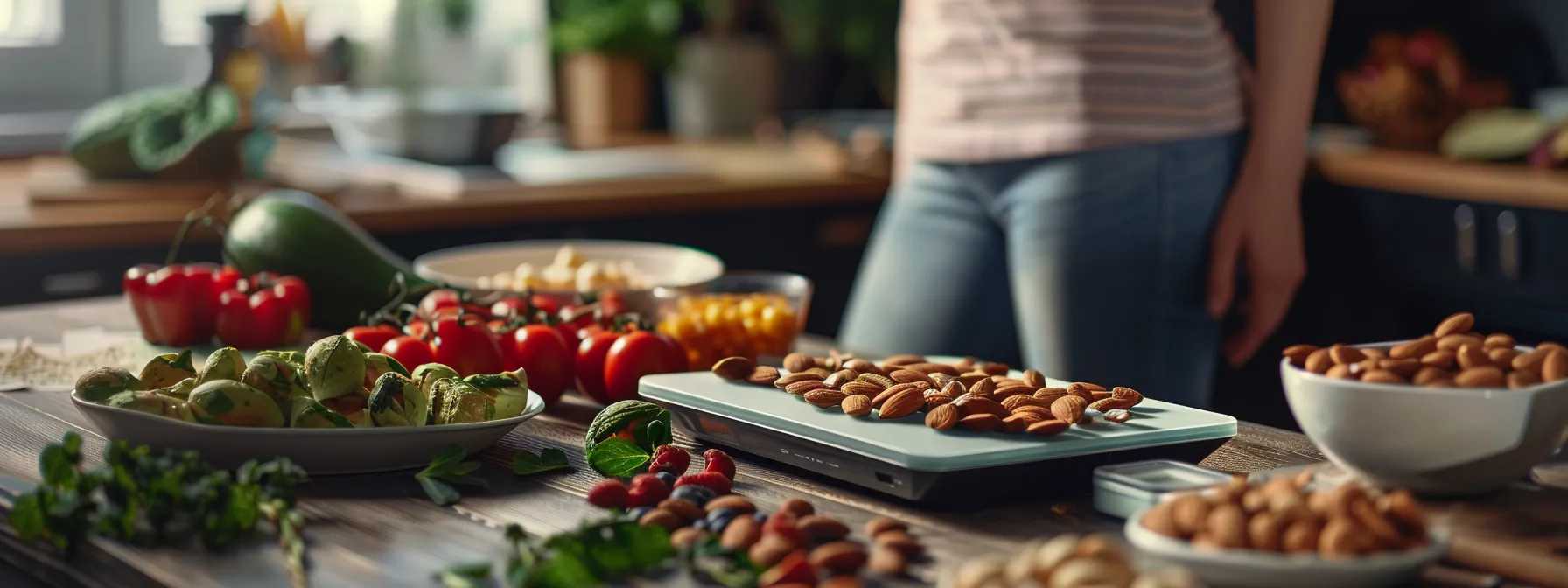 Woman standing in a kitchen preparing for a vegan weight loss journey, surrounded by fresh vegetables, almonds, and healthy snacks, emphasizing plant-based nutrition and meal planning.