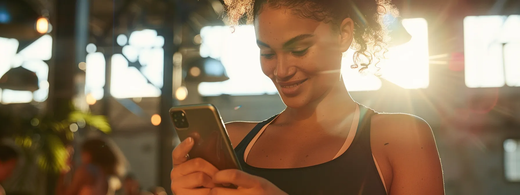 a woman surrounded by a supportive community, checking off workout reminders and celebrating fitness milestones on her phone screen.