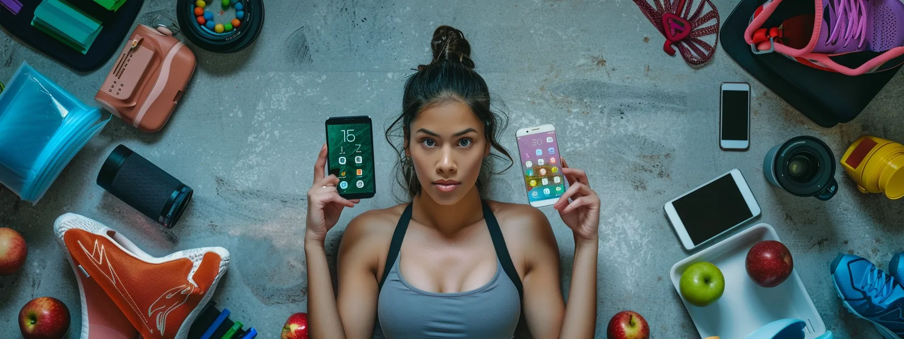 a woman surrounded by various fitness apps on her smartphone, comparing features and considering which one will best help her achieve her weight loss goals.
