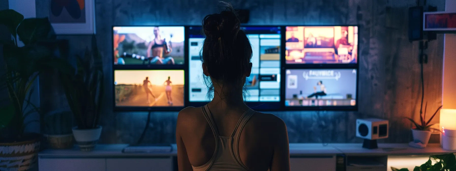 a woman surrounded by various online cardio program options displayed on a computer screen, carefully evaluating each program's features and testimonials to match her fitness goals. Woman in sports attire watching multiple screens displaying online guided cardio workouts, surrounded by indoor plants, emphasizing the convenience and variety of home fitness options.