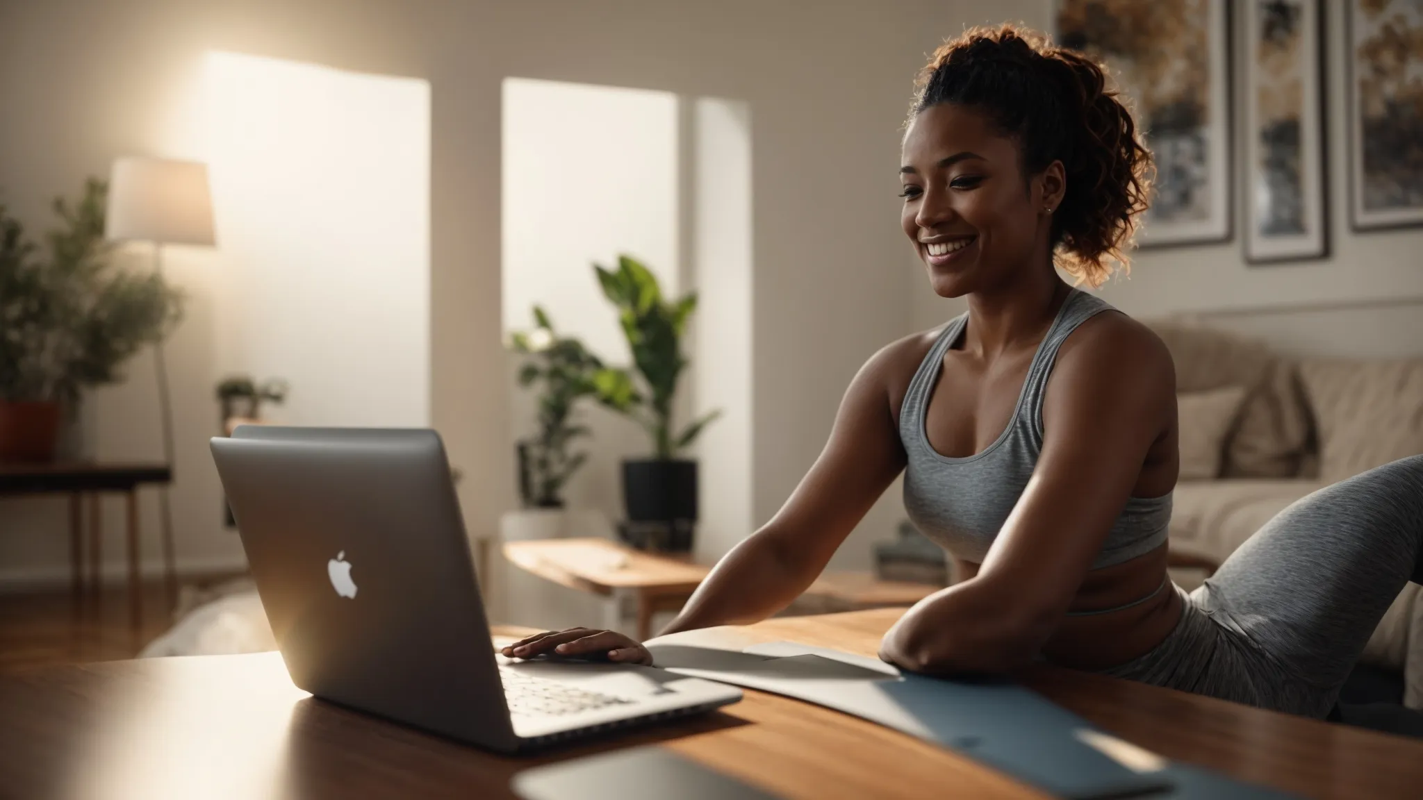 a woman sweating and smiling in her living room while following an intense online guided cardio workout on her laptop. Woman in workout attire smiling while engaging with an online guided cardio workout on a laptop, surrounded by a cozy home setting with plants.