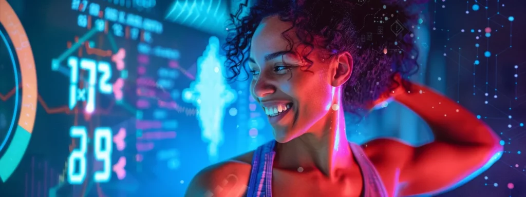 Smiling woman with curly hair in a fitness setting, surrounded by digital health metrics and data visualizations, representing personalized online fitness coaching and wellness.