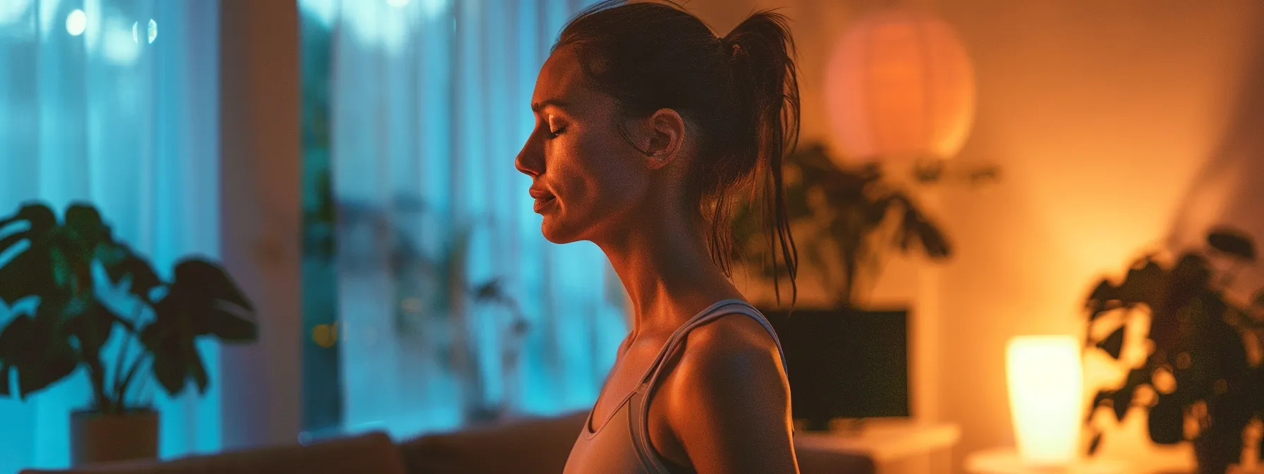 Woman in athletic wear, eyes closed, focusing on relaxation or meditation, surrounded by indoor plants and soft lighting, emphasizing wellness and fitness in the context of online guided cardio workouts for weight loss.
