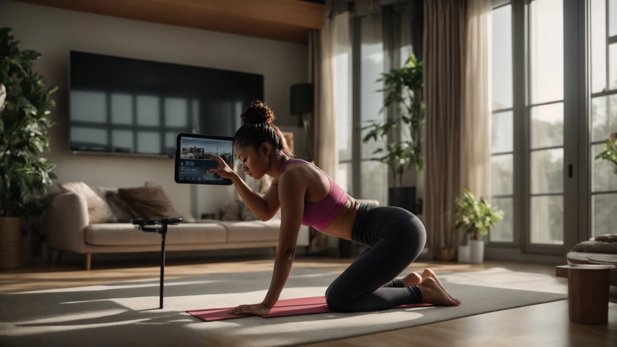 a woman working out with a virtual coach on a tablet at home, showcasing the convenience and flexibility of remote coaching for weight loss. Woman exercising on a yoga mat at home, following virtual fitness coaching session on a tablet, promoting personalized online coaching for effective weight loss and sustainable habits.