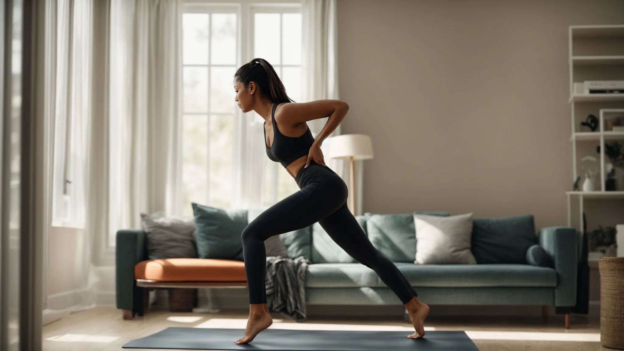 Energetic individual performing a lunge on a yoga mat in a bright, spacious living room, emphasizing at-home HIIT workouts for effective weight loss.