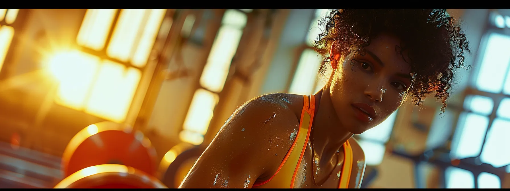 an energetic woman, sweat glistening on her brow, vigorously performing a high-intensity interval training (hiit) workout in a bright, spacious room with vibrant fitness equipment around her.