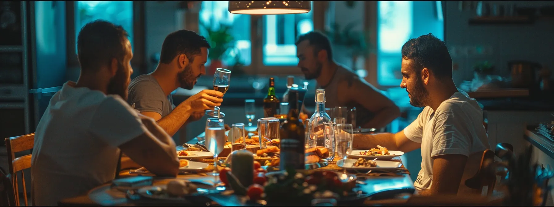 Group of men celebrating milestones around a dinner table, enjoying nutritious food and drinks, emphasizing community support in health and weight loss journeys.