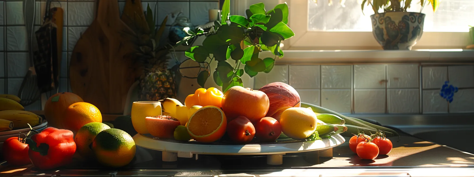 celebrating reaching a weight loss milestone with a colorful array of fresh fruits and vegetables on a kitchen scale. Colorful assortment of fresh fruits and vegetables on a kitchen counter, including apples, oranges, tomatoes, and peppers, with a plant in the background, emphasizing healthy eating for weight loss and nutrition.