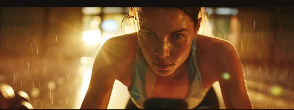 Focused female cyclist with glistening sweat, illuminated by warm sunlight, emphasizing intensity and energy in a high-performance workout setting.