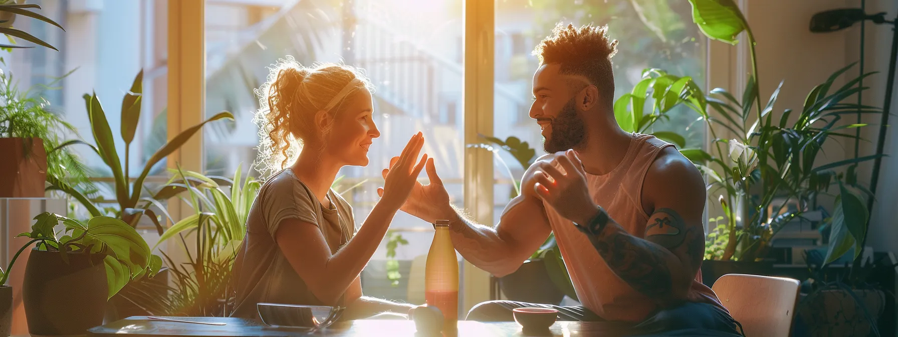 two friends sitting together, sharing healthy meal prep tips and high-fiving each other after a successful workout session. two friends sitting together, sharing healthy meal prep tips and high-fiving each other after a successful workout session.