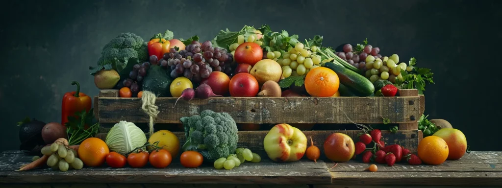 Vibrant assortment of fresh fruits and vegetables in a wooden crate, showcasing colorful produce like grapes, apples, oranges, broccoli, and peppers, emphasizing healthy eating for weight loss and plant-based diets.